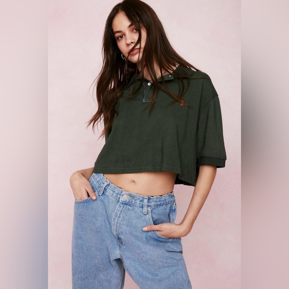 Size medium NastyGal vintage oversized cropped polo dark green.